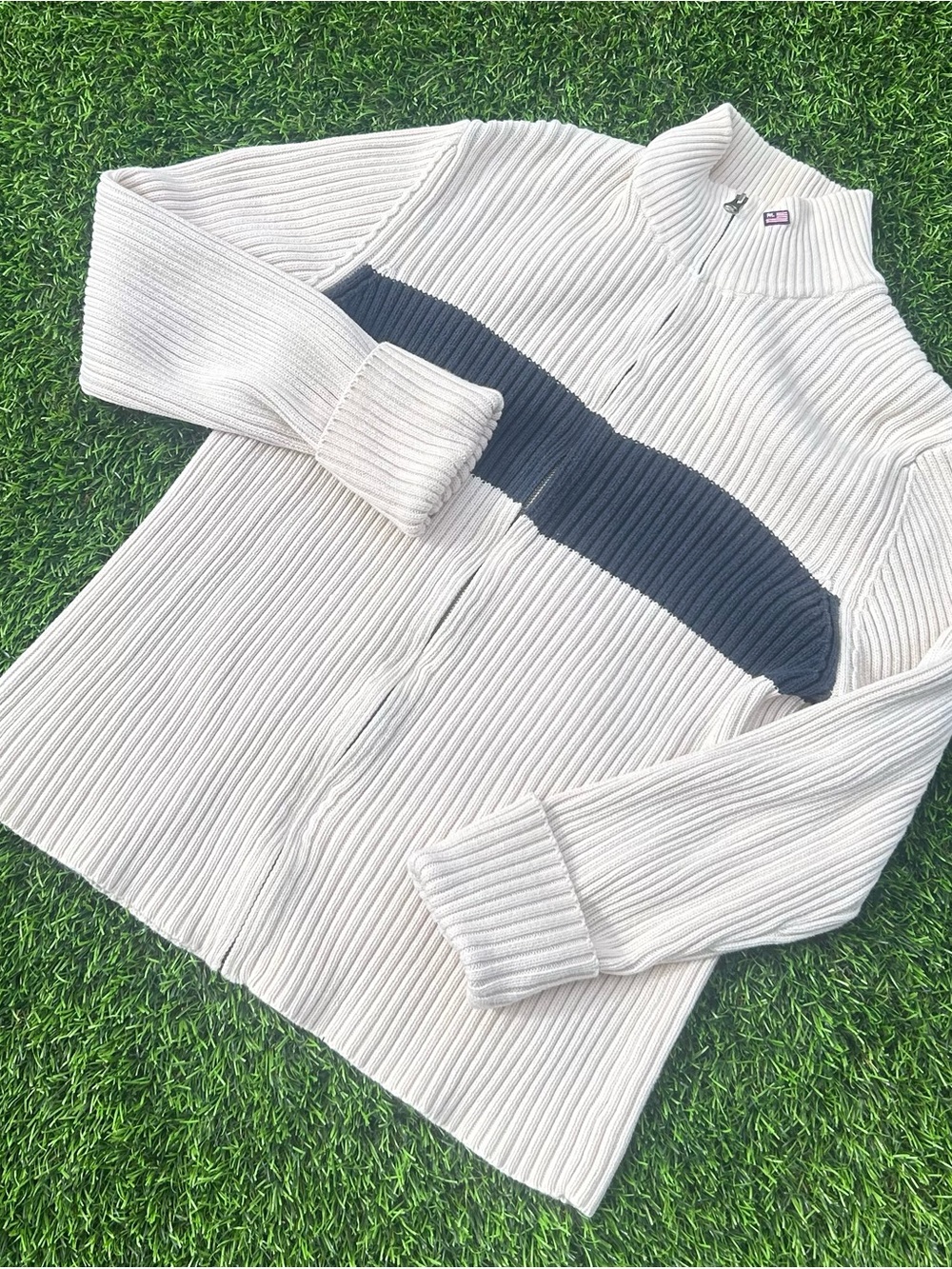 Men's Ribbed Zip-Up Sweater Jacket - Cream with Navy Stripe